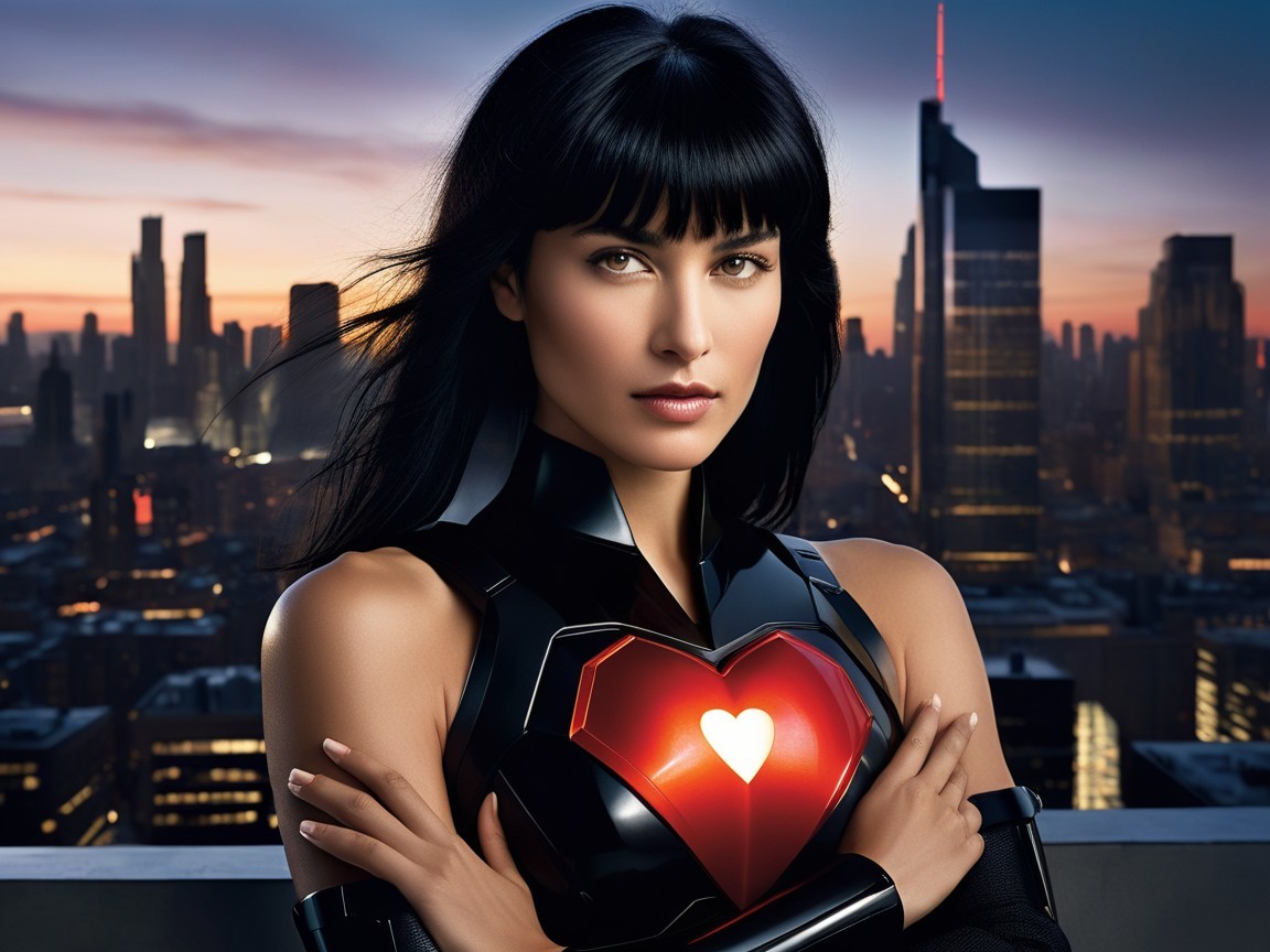 Superheroine in Futuristic Armor Overlooking City at Dusk