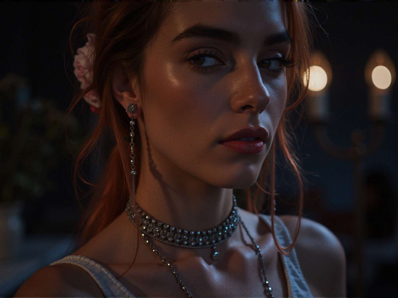 Close-Up of Woman with Elegant Jewelry and Flower Accent