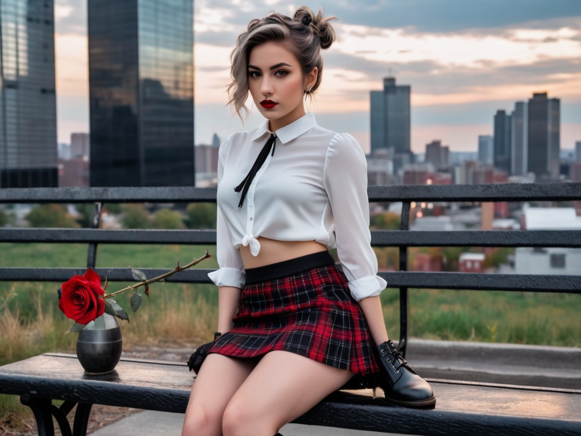 Young woman in stylish outfit with urban backdrop