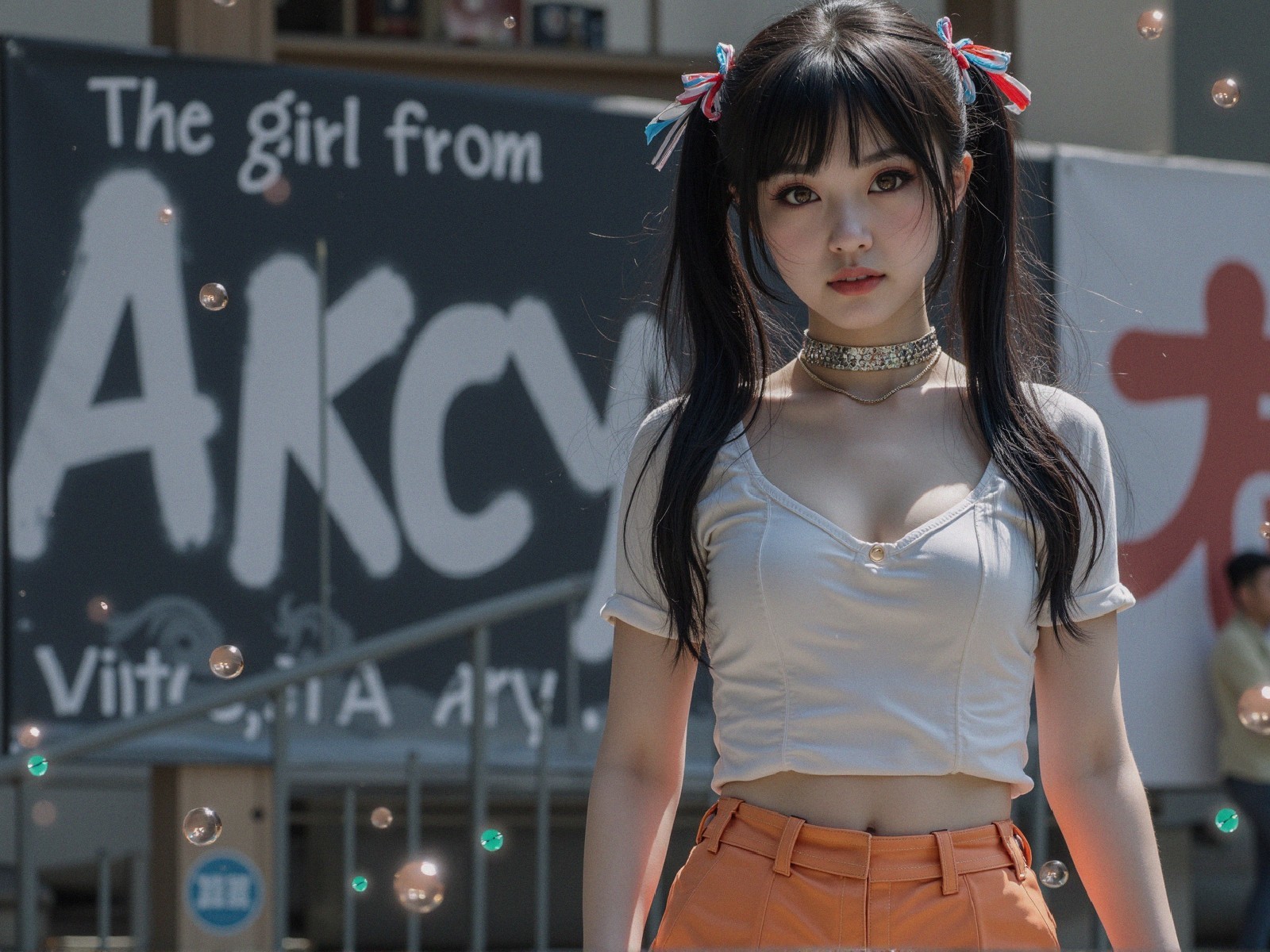 Young woman in stylish crop top and orange pants