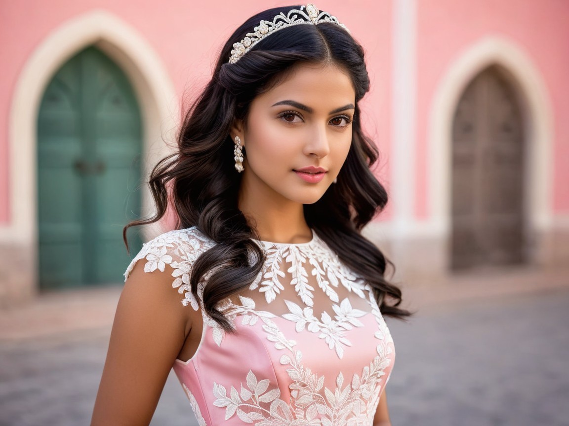 Young woman in pink dress with floral embroidery