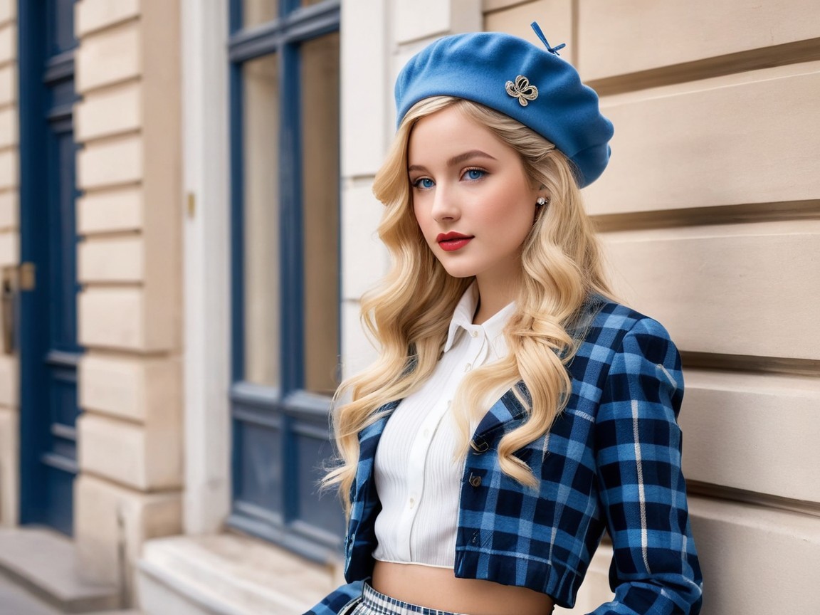 Young Woman in Stylish Outfit Against Elegant Architecture