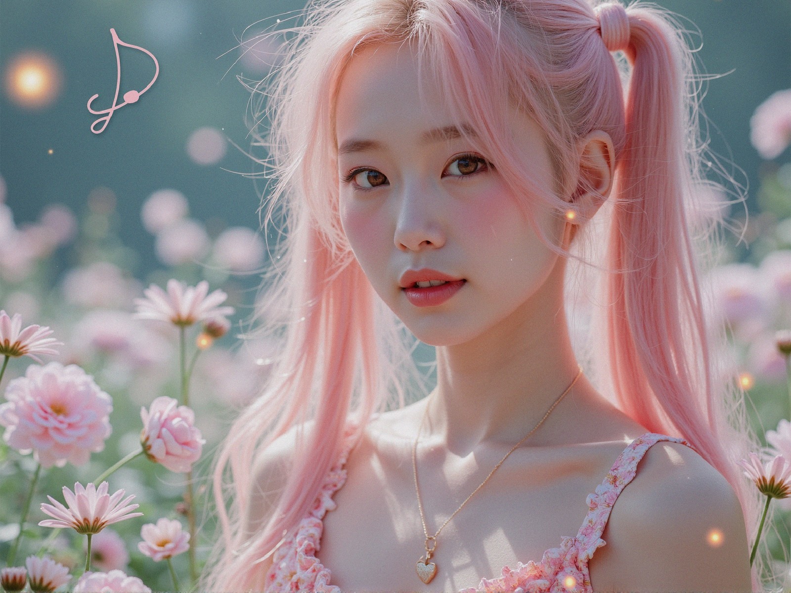 Young person with pastel pink hair in flower field