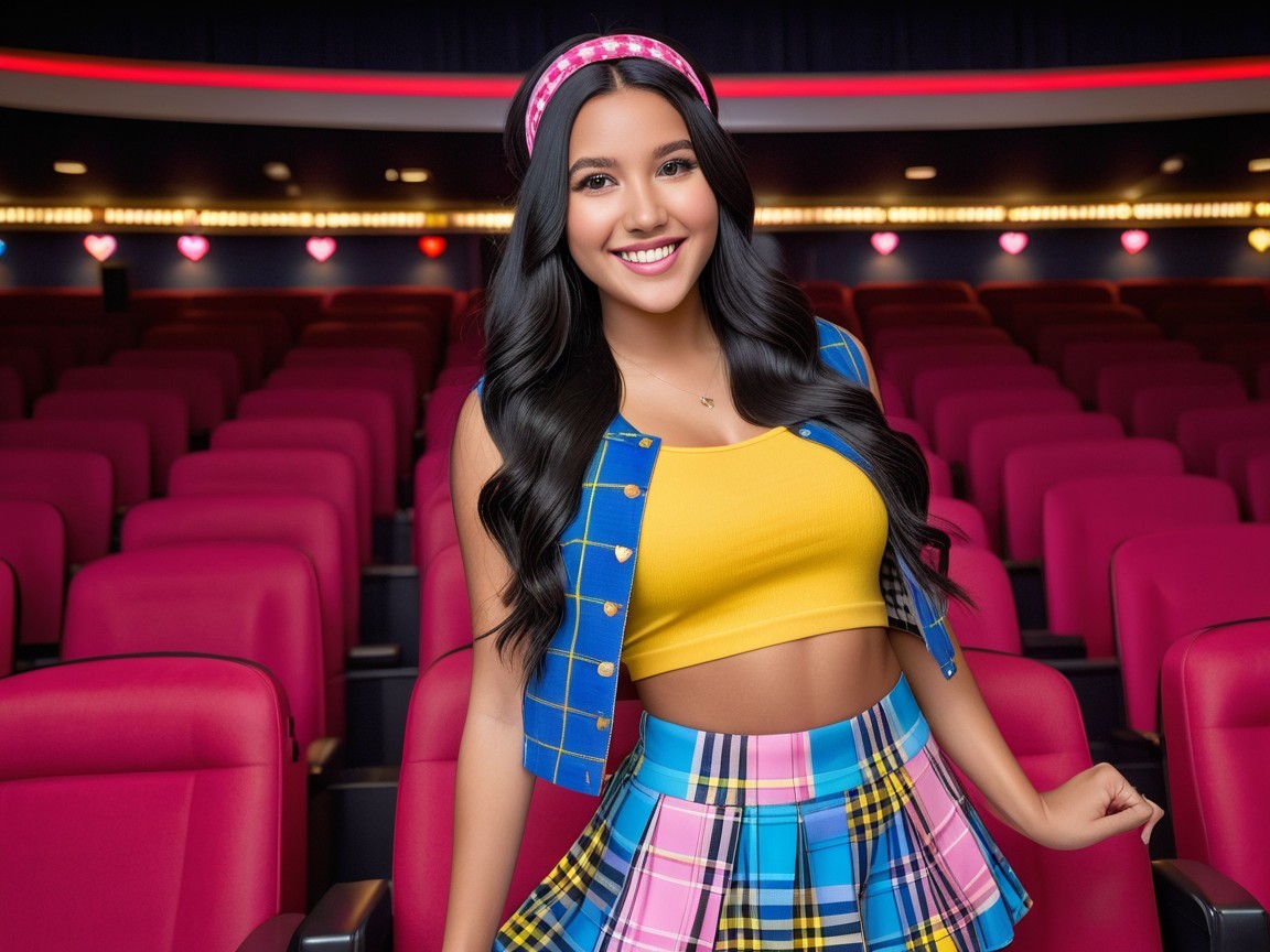 Cheerful woman in vibrant theater with colorful attire