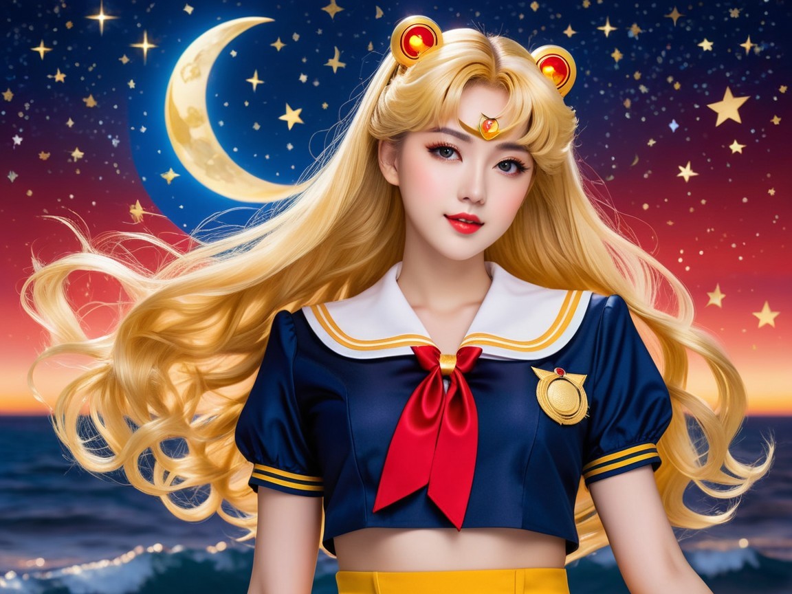 Magical girl character in a starry night scene