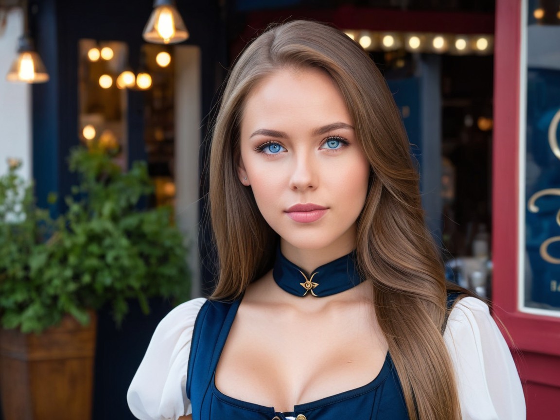 Young woman in stylish outfit in charming outdoor setting