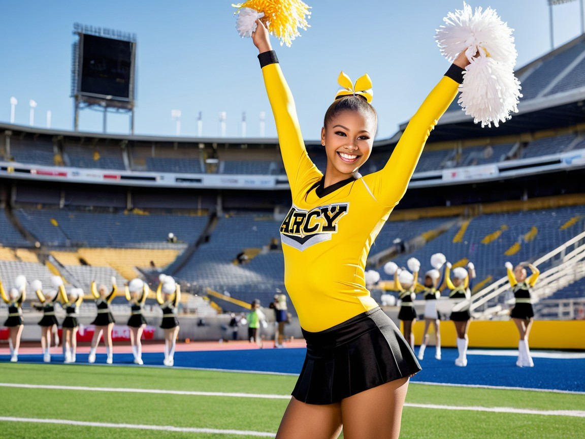 Cheerleader in Yellow Top with Pom-Poms in Stadium