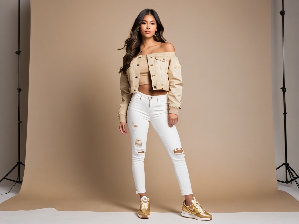 Chic Model in Cropped Beige Jacket and Distressed Jeans