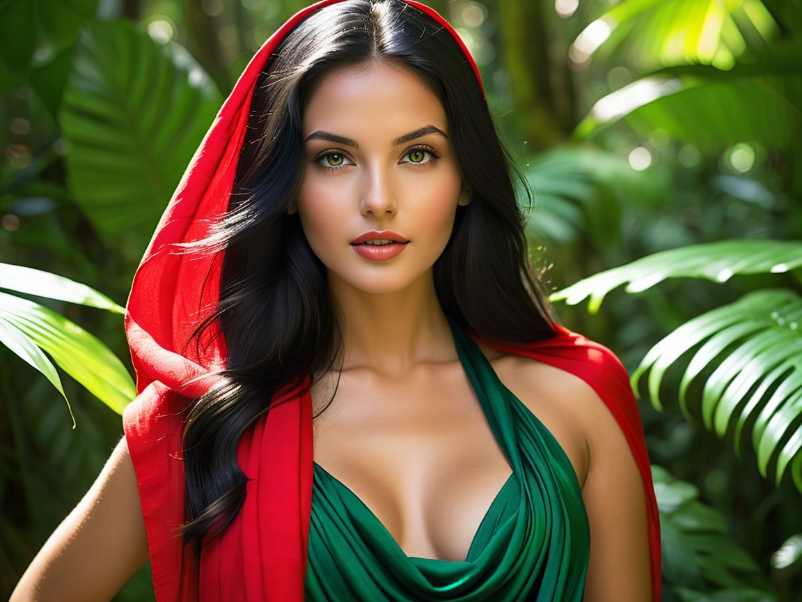 Young Woman in Jungle with Green Outfit and Red Scarf