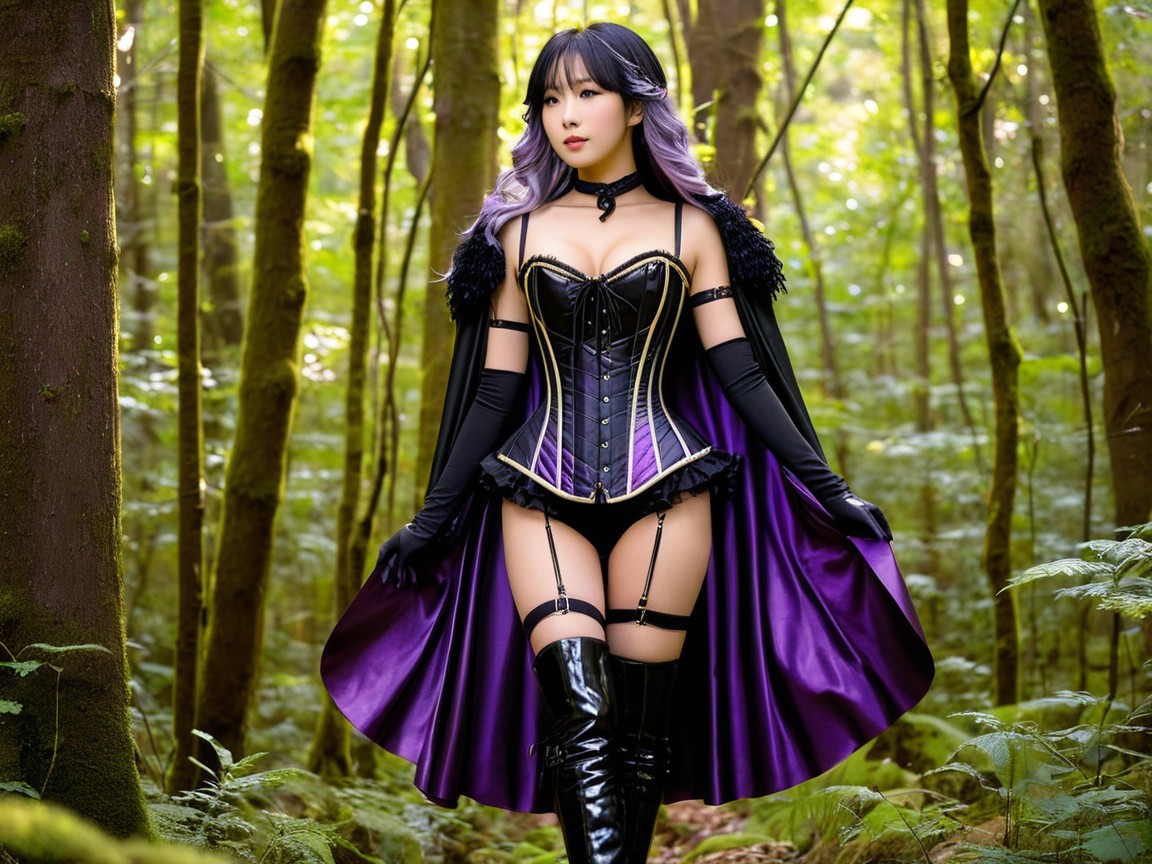 Figure in a Forest with Elegant Costume and Greenery