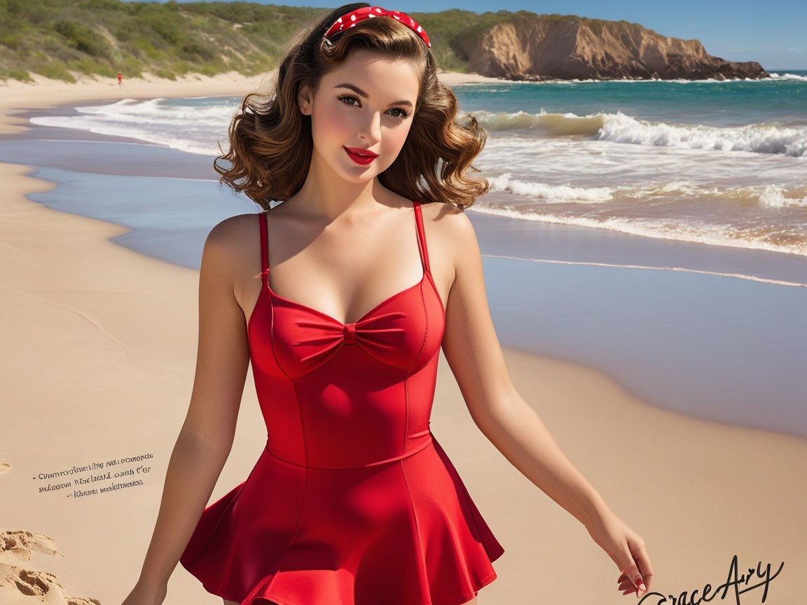 Vibrant Beach Scene with Woman in Red Swimsuit