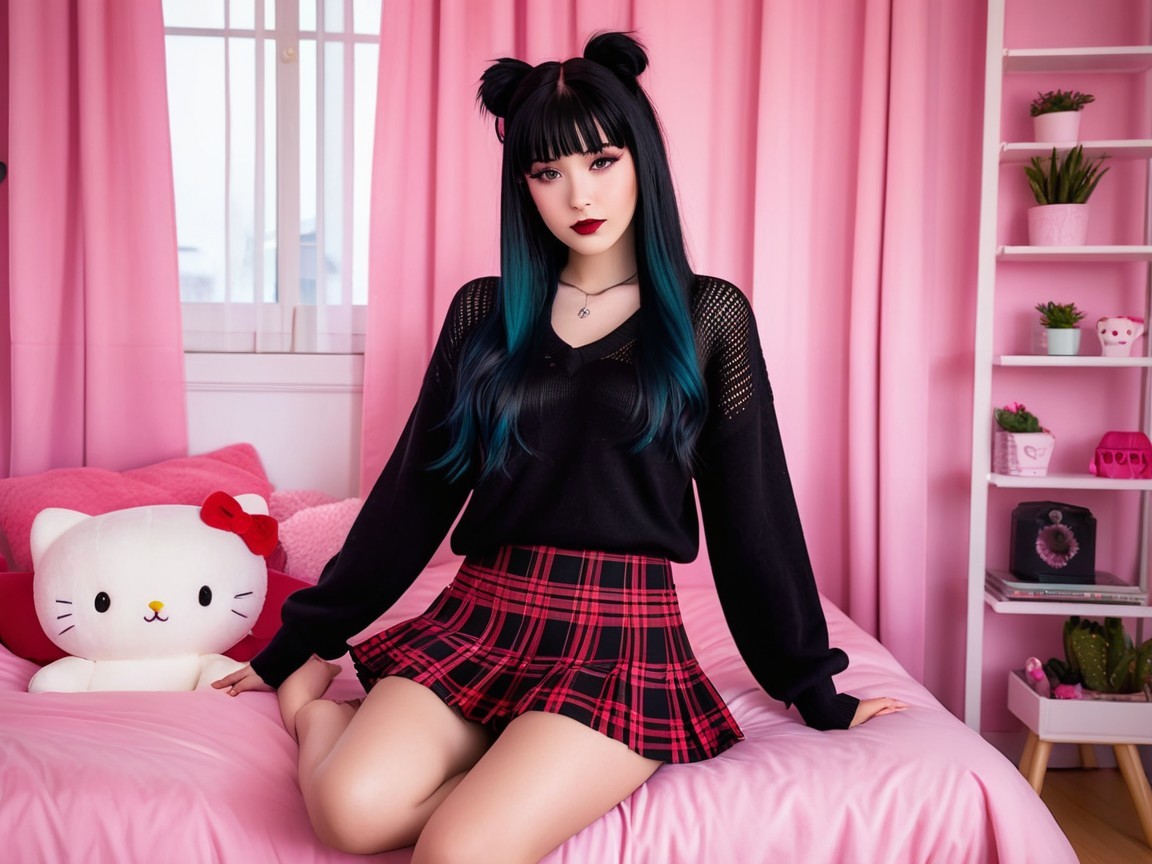Cozy Room with Girl in Black Sweater and Plaid Skirt