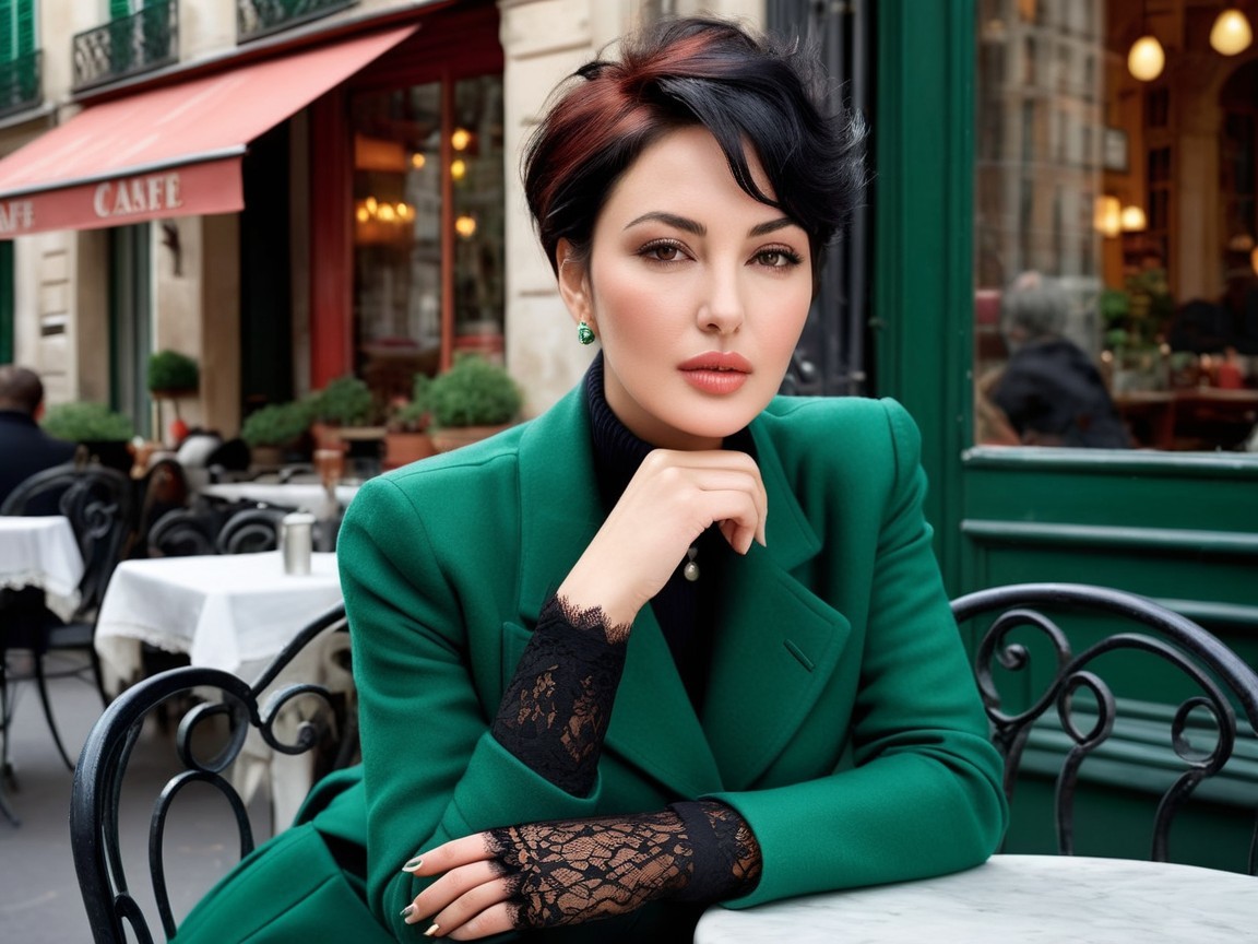 Stylish Woman in Green Coat at Parisian Café