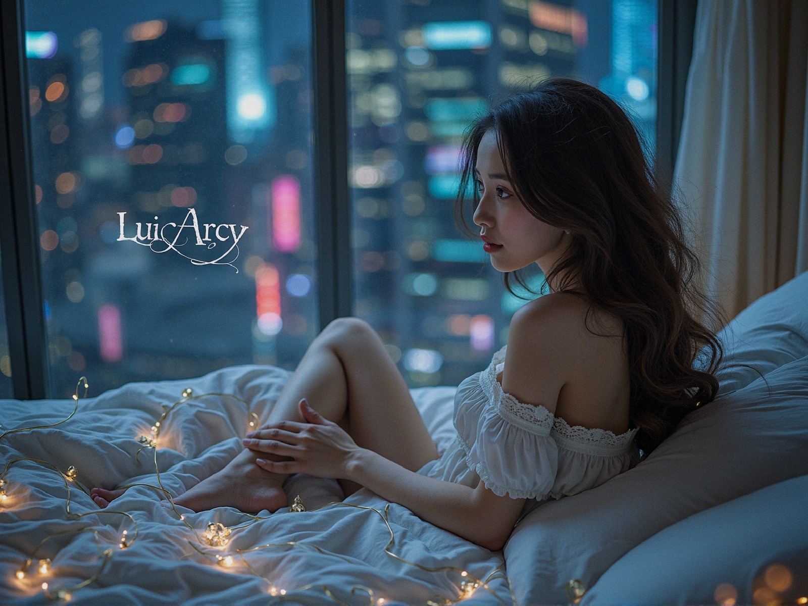 Woman in Cozy Bedroom with City Skyline View