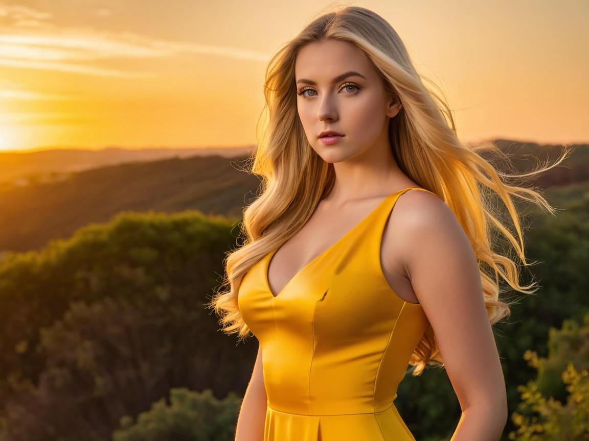 Young Woman in Yellow Dress Against Sunset Landscape