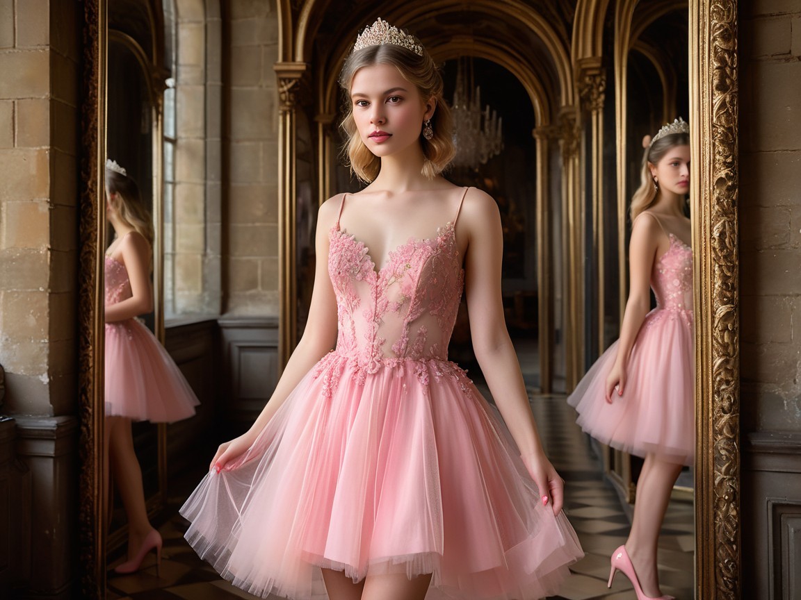 Young Woman in Pink Dress in Elegant Room Setting