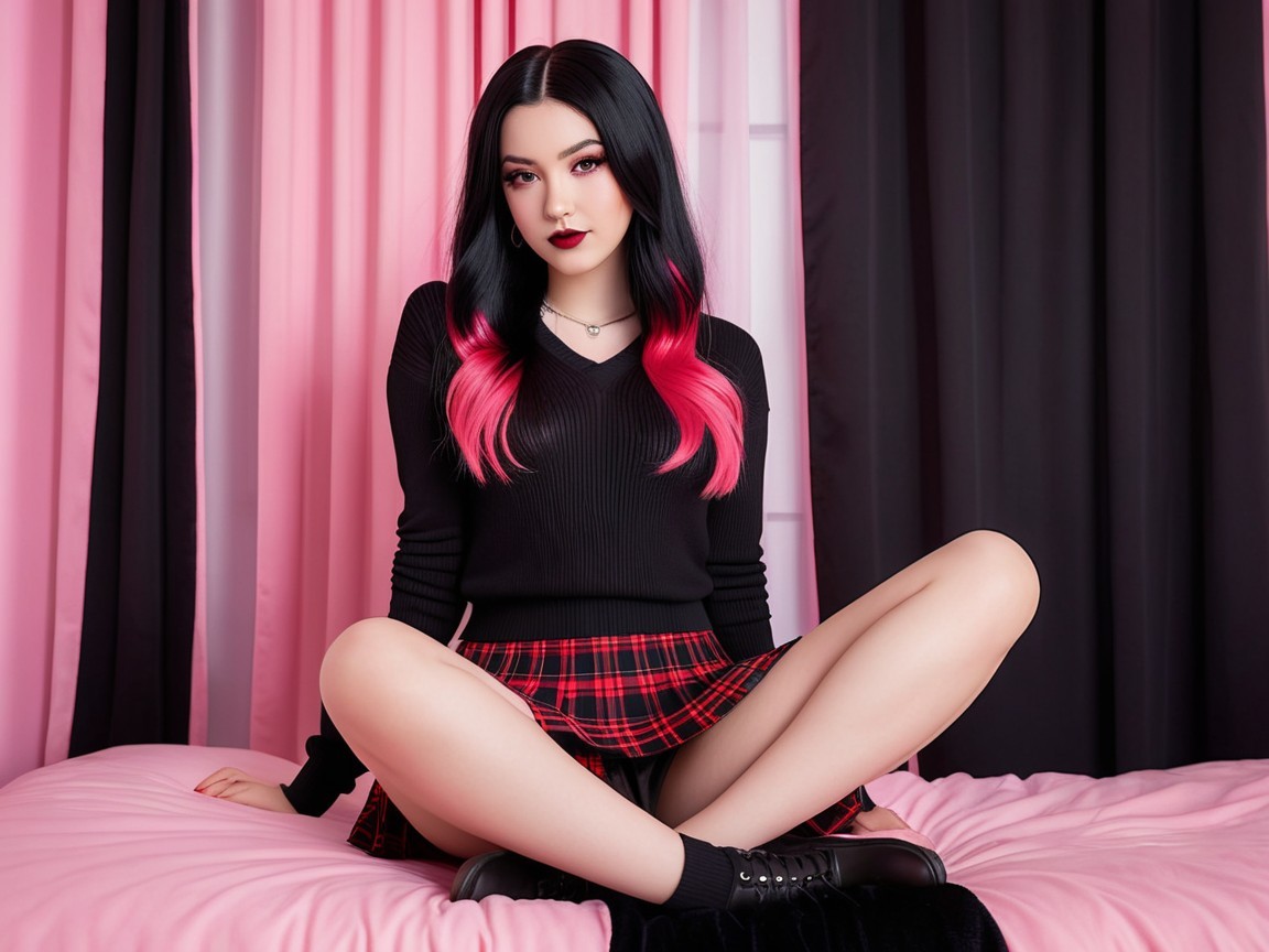 Young woman in stylish outfit on pink bed