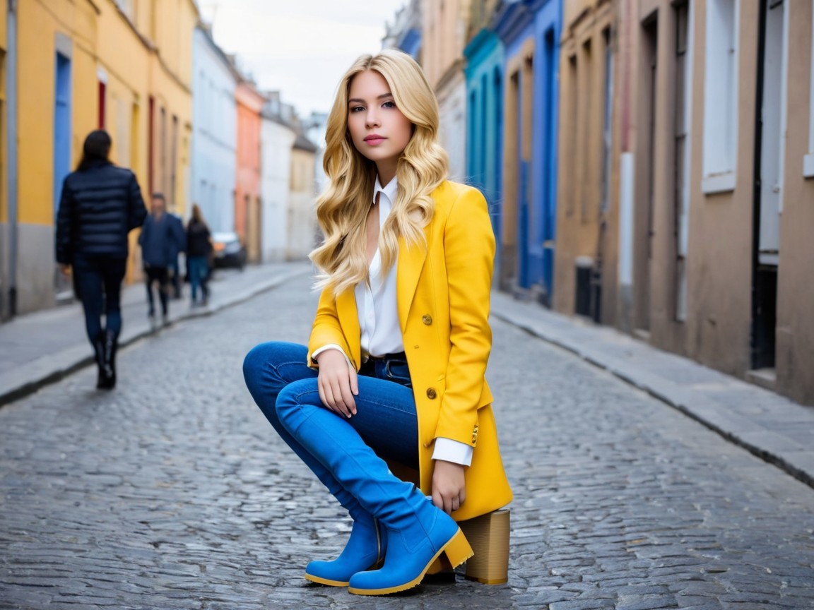 Young woman in yellow blazer on cobblestone street