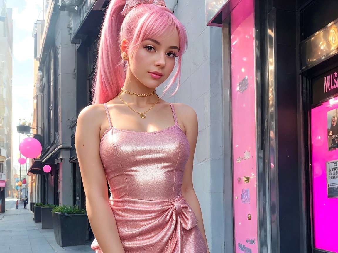 Young woman in pink dress on city street with balloons