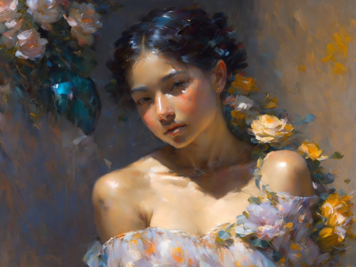 Portrait of a Young Woman with Floral Accents