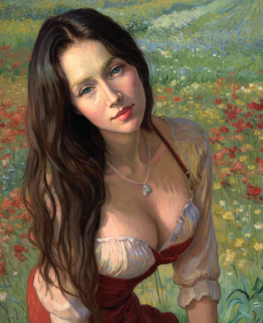 Young woman in red dress in a colorful meadow