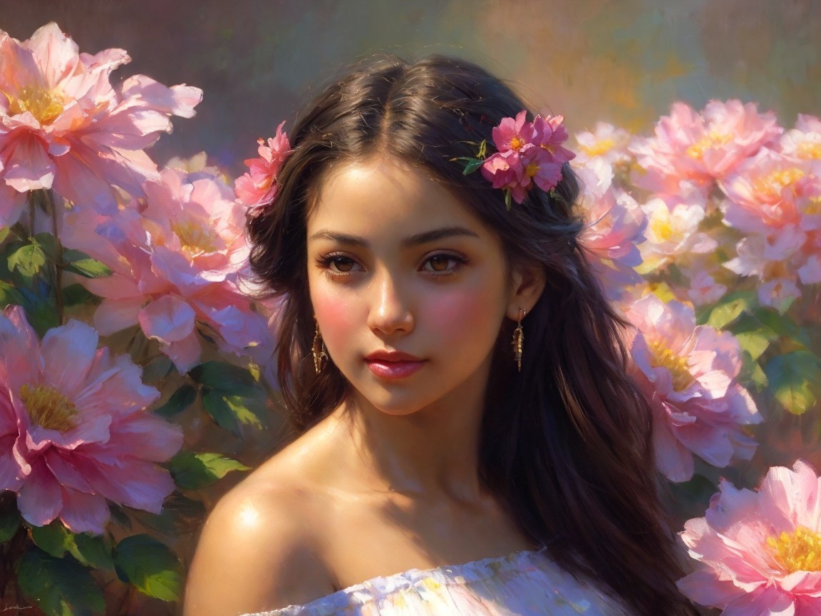 Young woman with flowers in serene garden setting