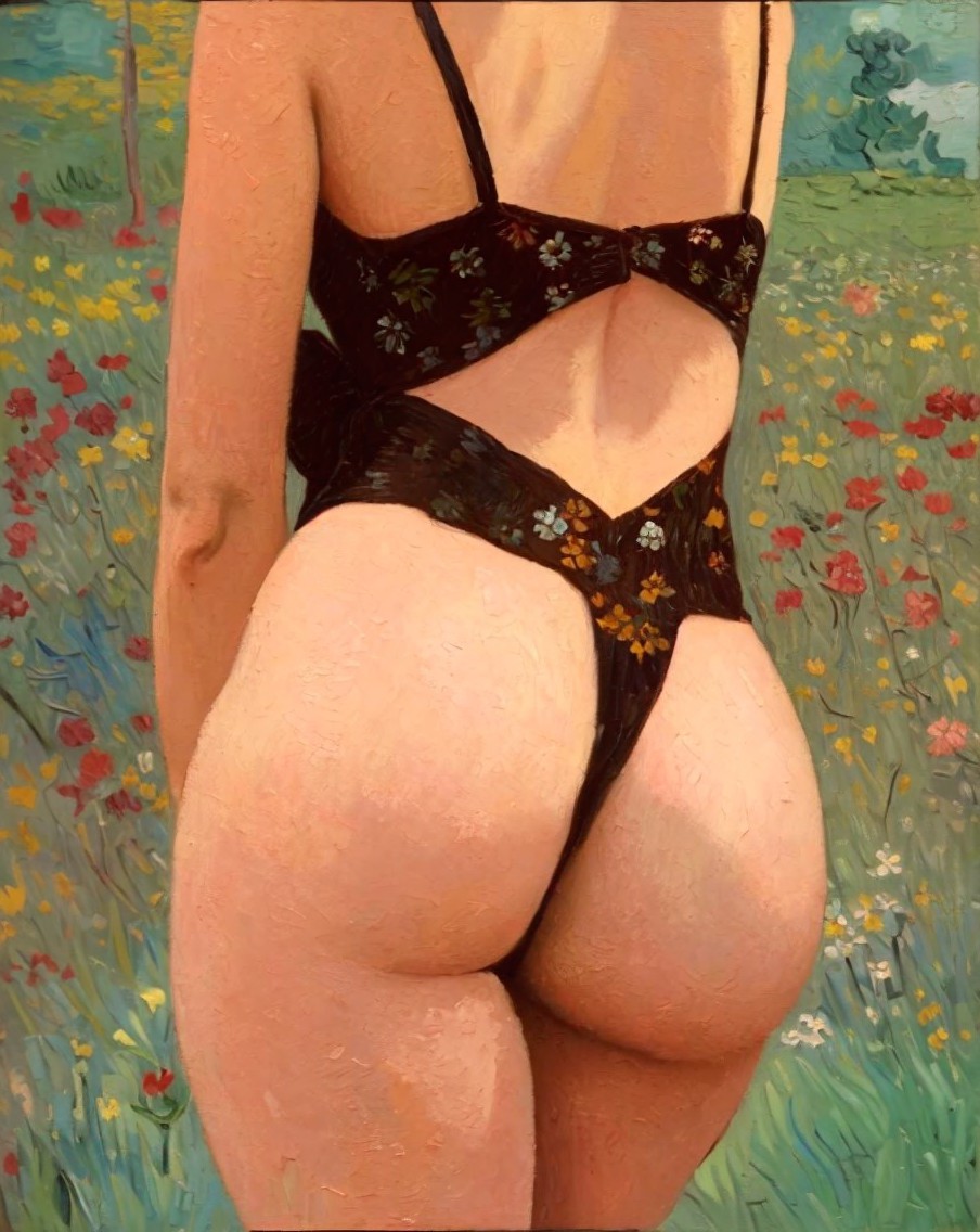 Close-up of a woman in floral swimsuit in a flower field