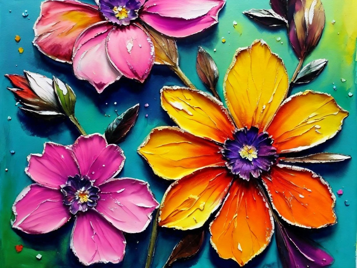 Large Colorful Flowers on Bright Turquoise Background