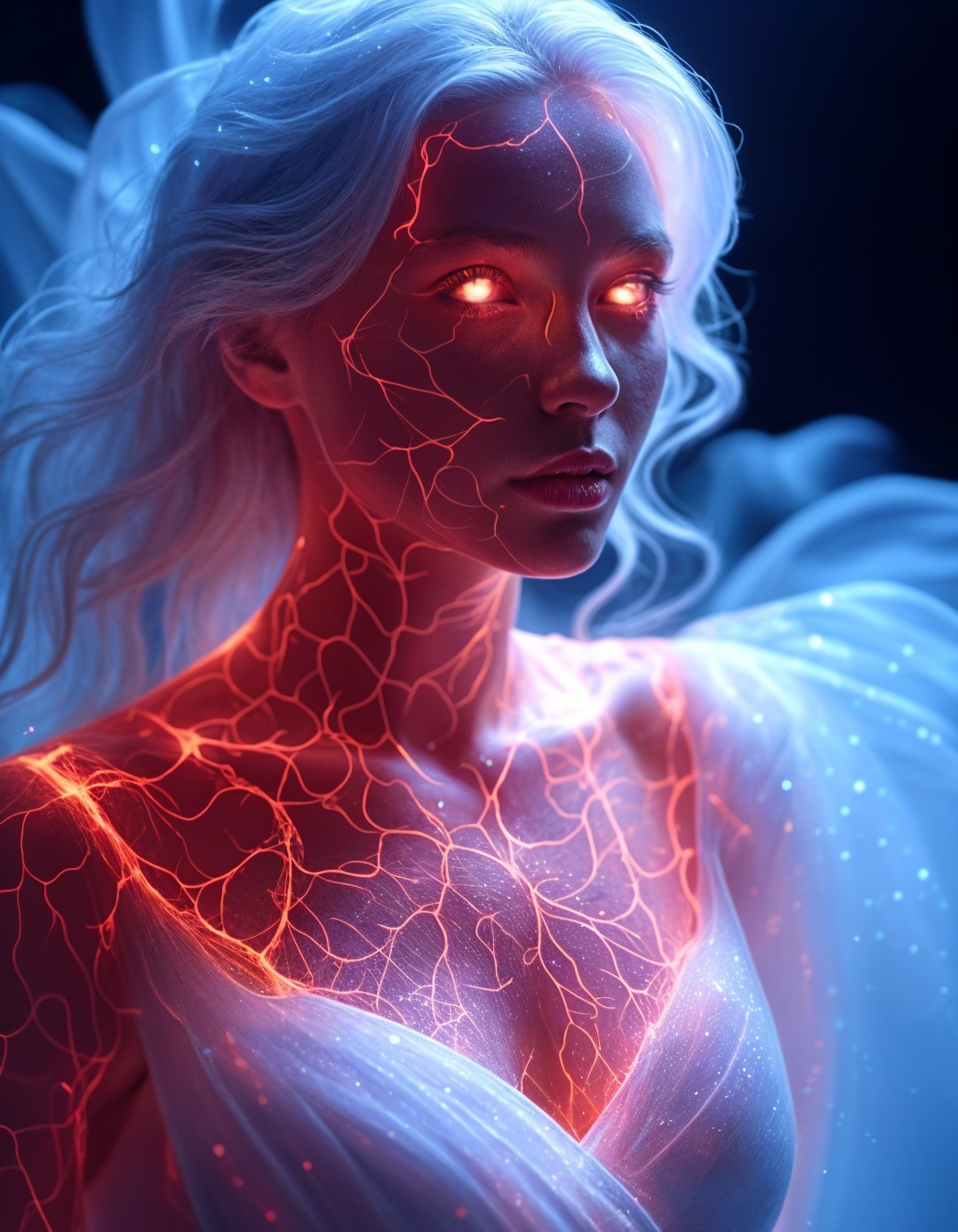 Ethereal figure with glowing patterns in dark setting