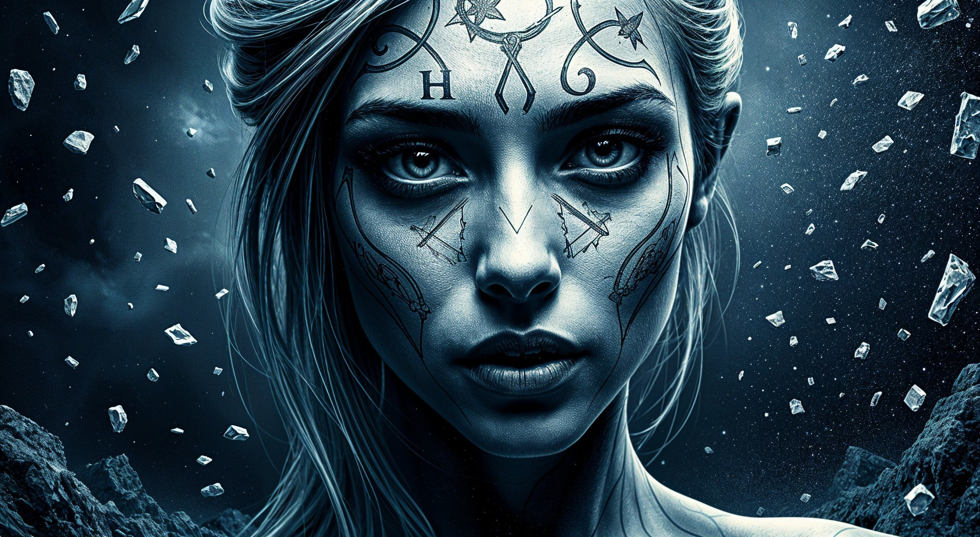Portrait of a Woman with Cosmic Tattoos and Crystals