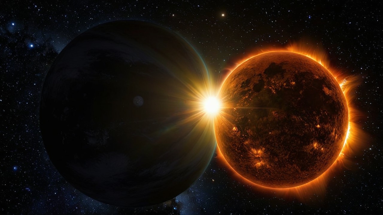 Cosmic Scene of Radiant Sun and Dark Planet