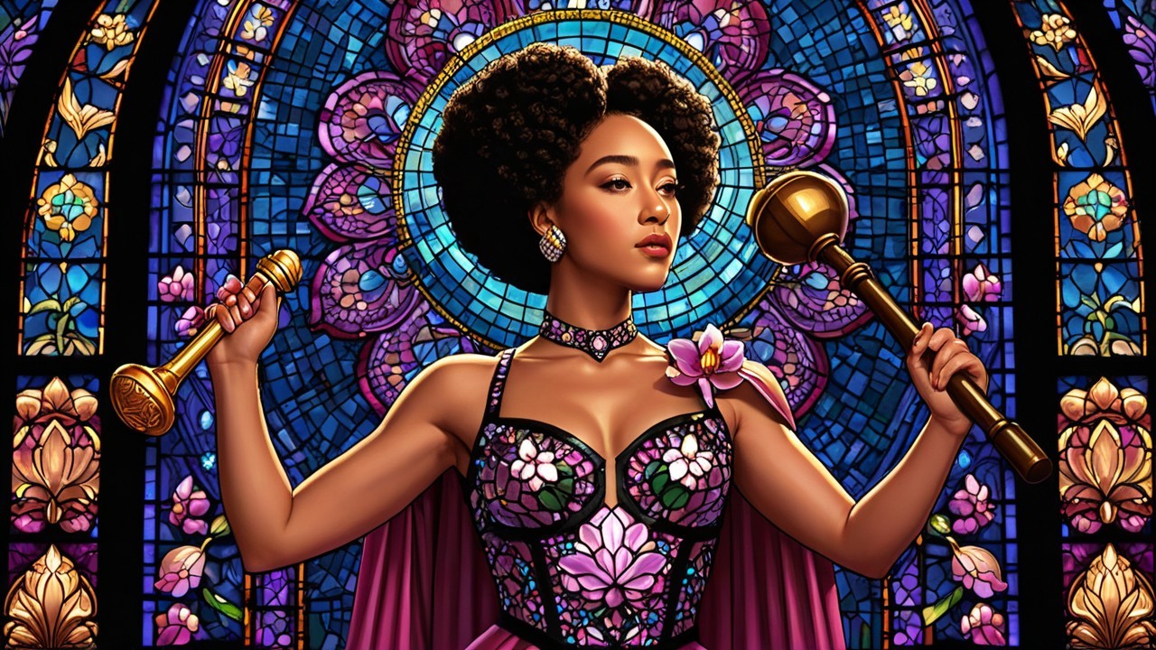 Regal Figure in Vibrant Gown with Stained Glass Backdrop