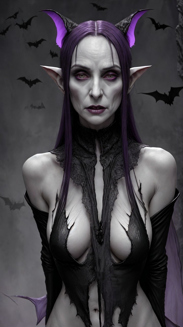 Supernatural Figure with Purple Hair and Bats