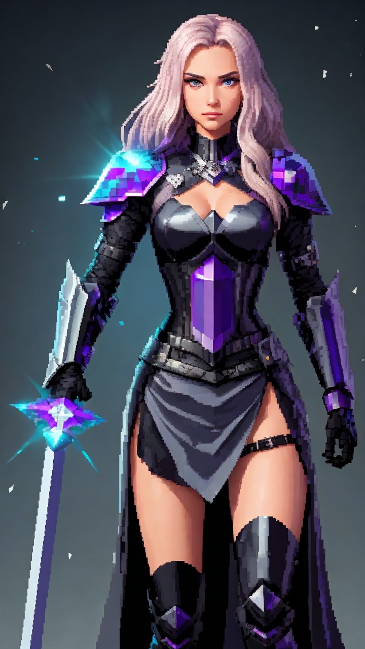 Fierce female warrior in black armor with purple accents