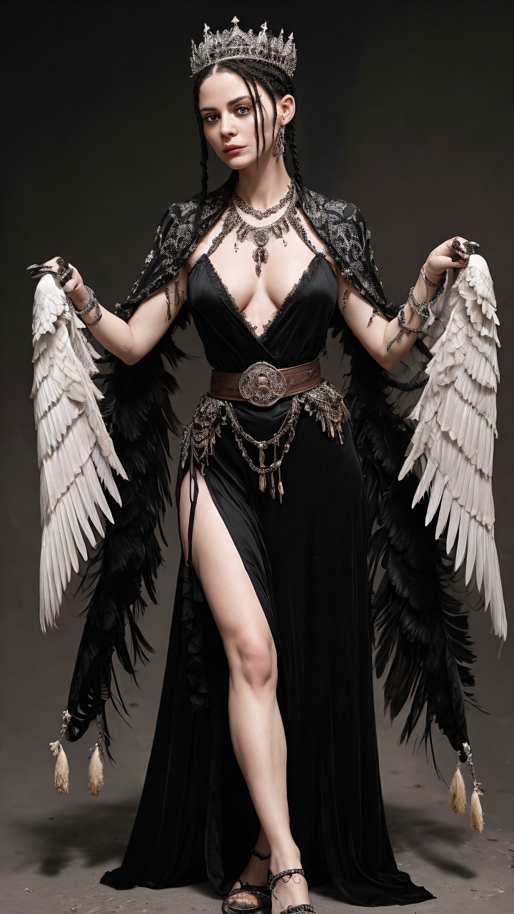 Confident figure in black gown with feathered wings
