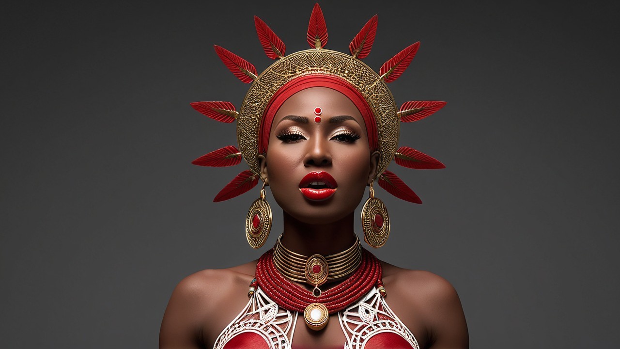 Portrait of a woman in red and gold jewelry with headdress