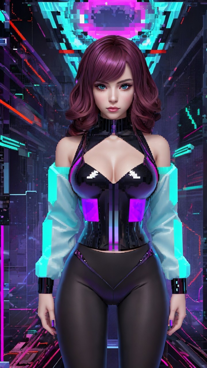 Futuristic character with purple hair and high-tech outfit
