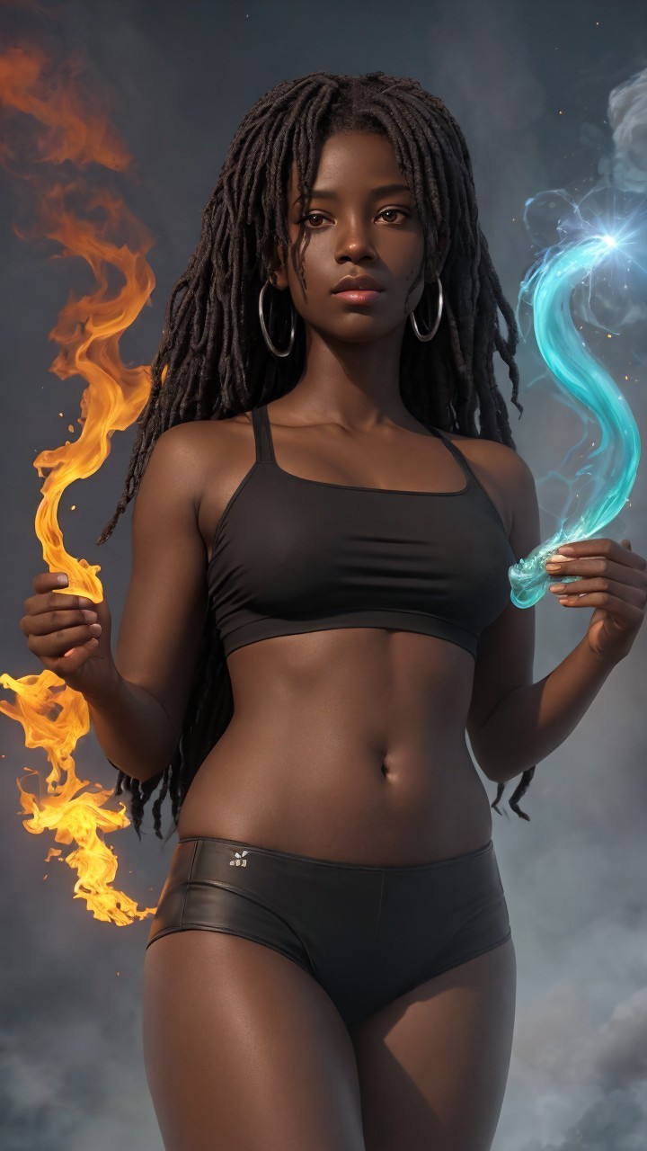 Confident Woman with Flames and Blue Smoke Pose