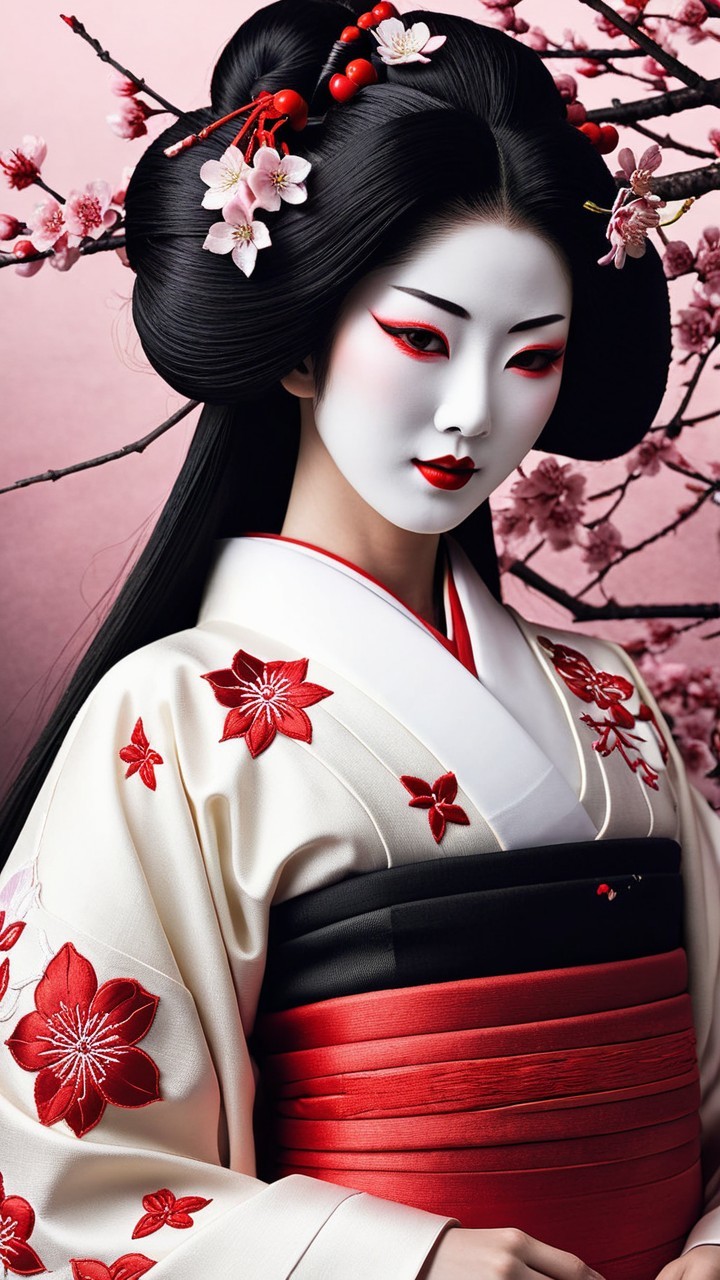 Portrait of a geisha in a floral kimono with blossoms