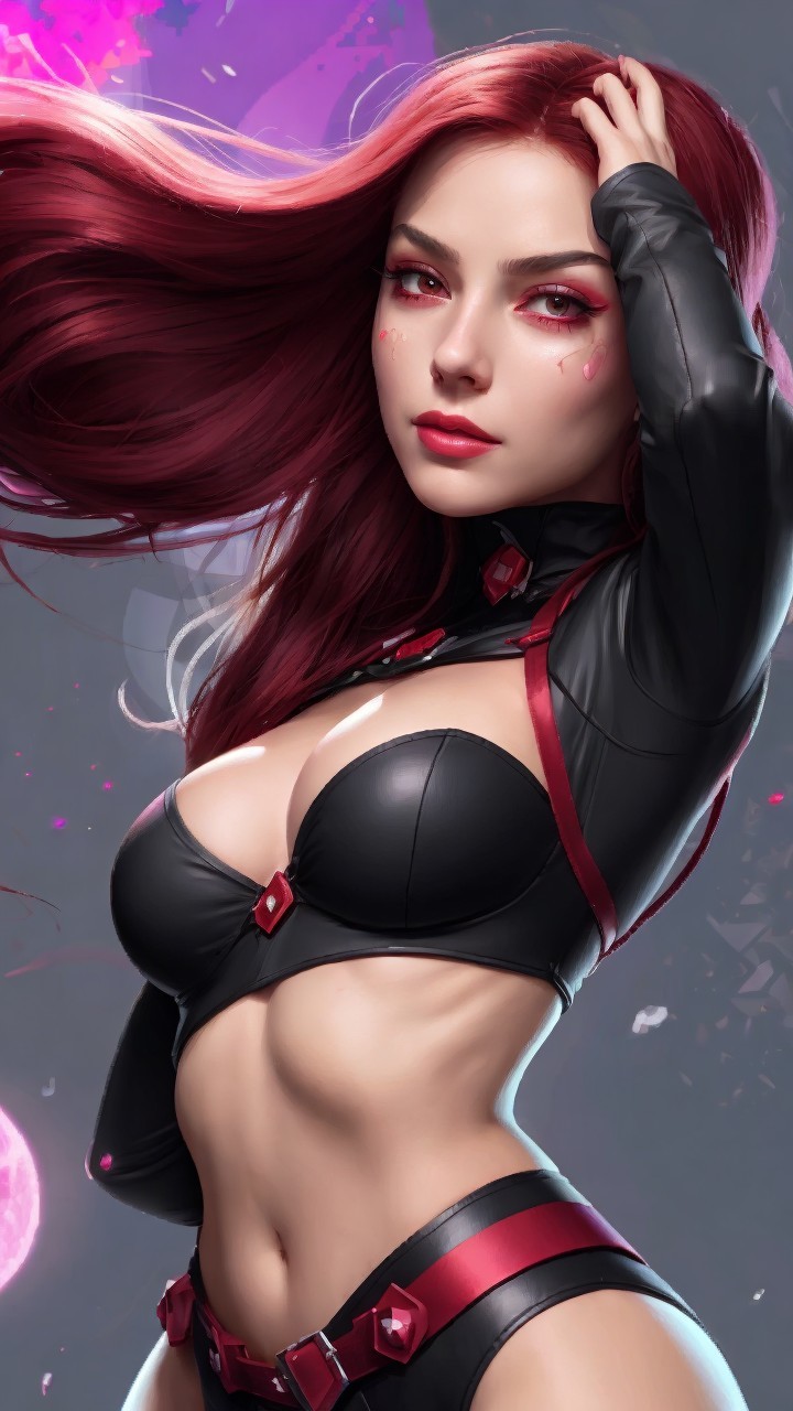 Dynamic Character with Red Hair and Bold Makeup