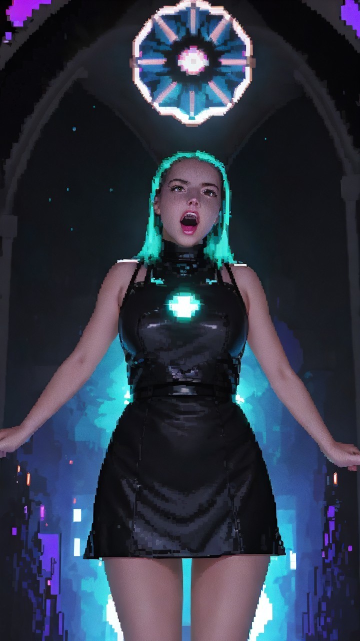 Futuristic Figure in Dimly Lit Setting with Stained Glass