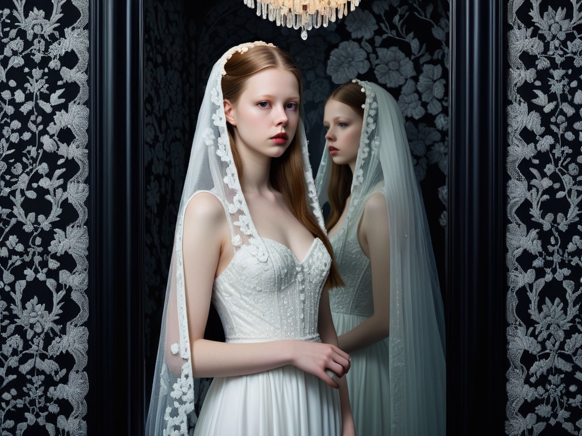 Elegant bridal gown with floral embellishments and veil