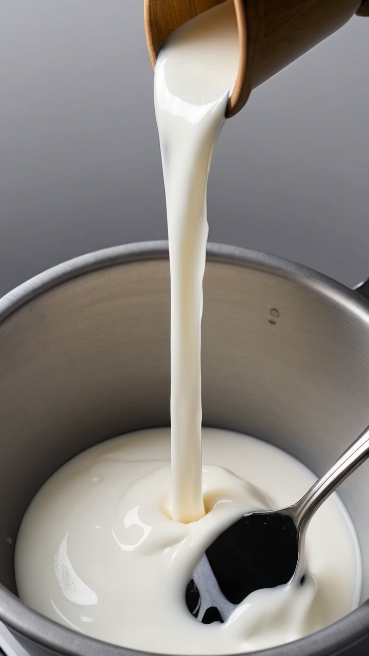 Wooden Ladle Pouring Creamy Liquid into Pot
