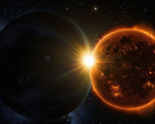 Cosmic Scene of Radiant Sun and Dark Planet
