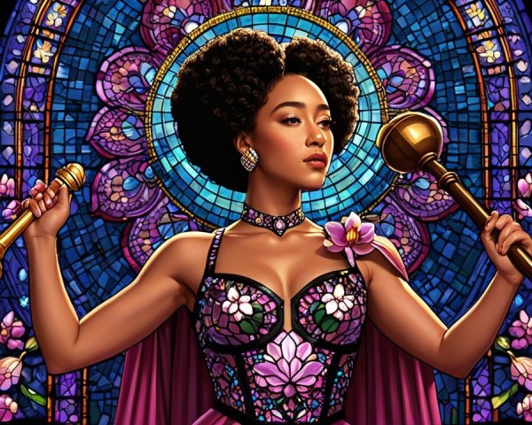 Regal Figure in Vibrant Gown with Stained Glass Backdrop