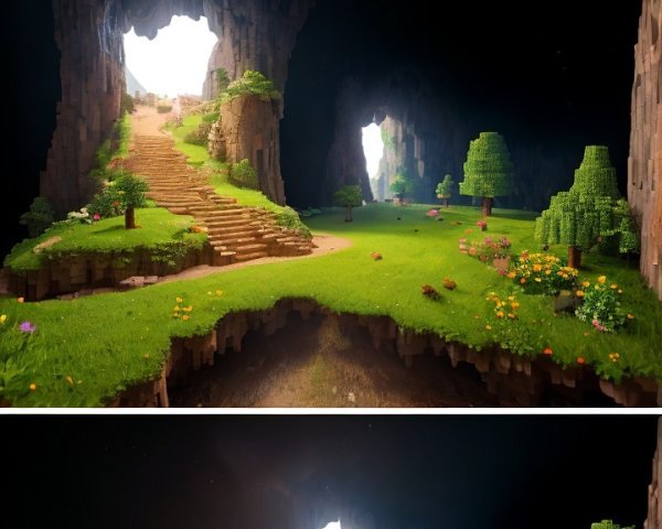 Voxel-Style Landscape with Cave and Vibrant Flora