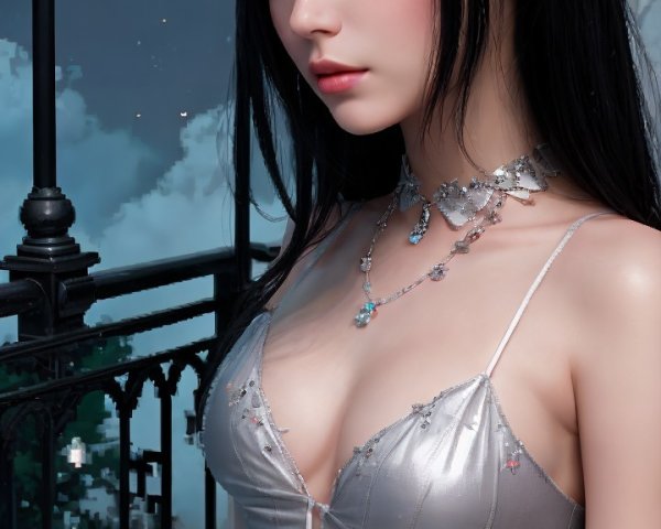 Young woman in silver dress under starry night sky