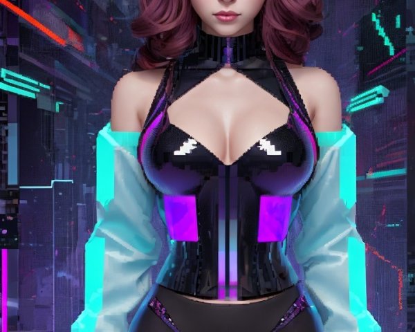 Futuristic character with purple hair and high-tech outfit