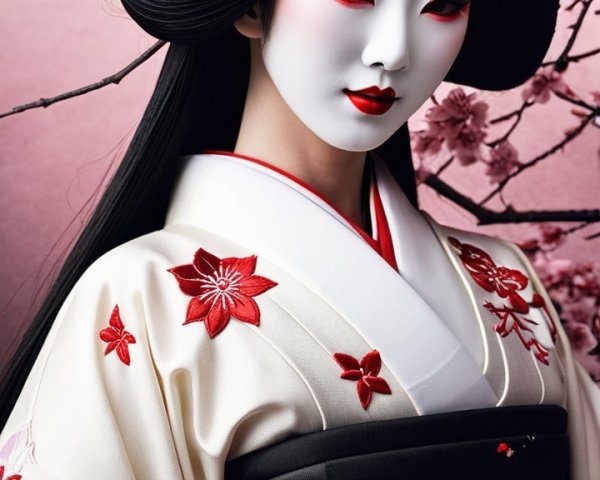 Portrait of a geisha in a floral kimono with blossoms