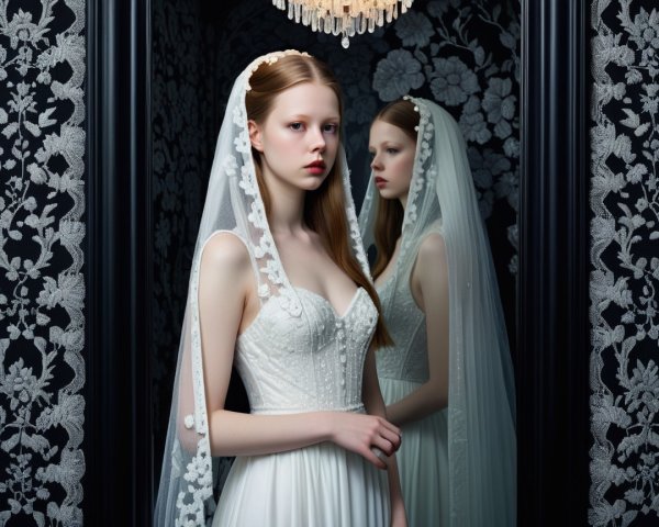 Elegant bridal gown with floral embellishments and veil